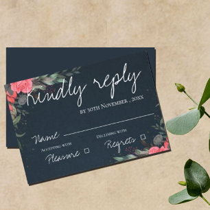Elegant Pretty Peach Grey Floral Script Wedding RSVP Card