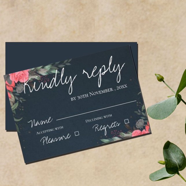 Elegant Pretty Peach Grey Floral Script Wedding RSVP Card (Creator Uploaded)
