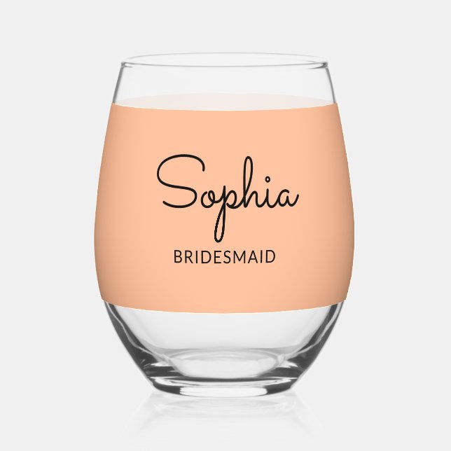 Elegant Pretty Peach Wedding Bridesmaid Keepsake Stemless Wine Glass (Front)