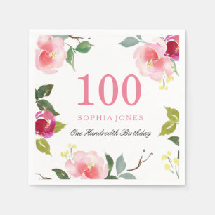 Elegant Pretty Pink Floral 100th Birthday Party Napkin