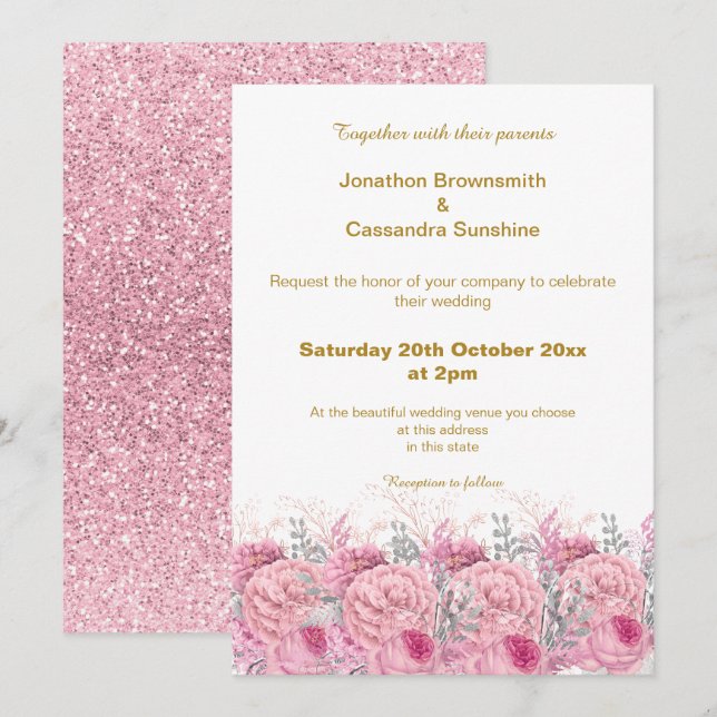 ELEGANT PRETTY PINK FLORAL GLITTER WEDDING INVITATION (Front/Back)