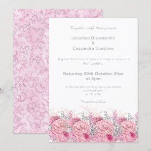 ELEGANT PRETTY PINK FLORAL MARBLE GLITTER WEDDING INVITATION
