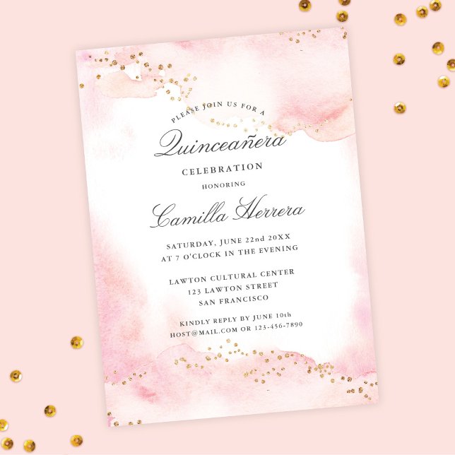Elegant Pretty Pink Gold Quinceañera Birthday Invitation (Creator Uploaded)