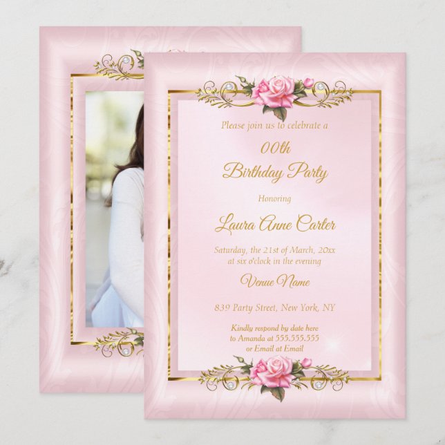 Elegant pretty pink rose Gold photo Birthday Party Invitation (Front/Back)