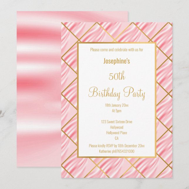 ELEGANT PRETTY PINK SATIN GOLD BIRTHDAY INVITATION (Front/Back)