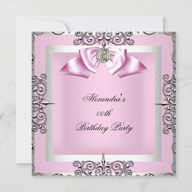 Elegant Pretty Pink Silver Birthday Party Invitation (Front)