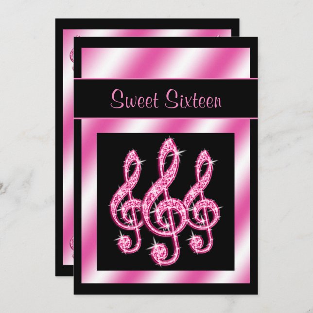 Elegant, Pretty Pink Treble Clefs Sweet 16 Invitation (Front/Back)