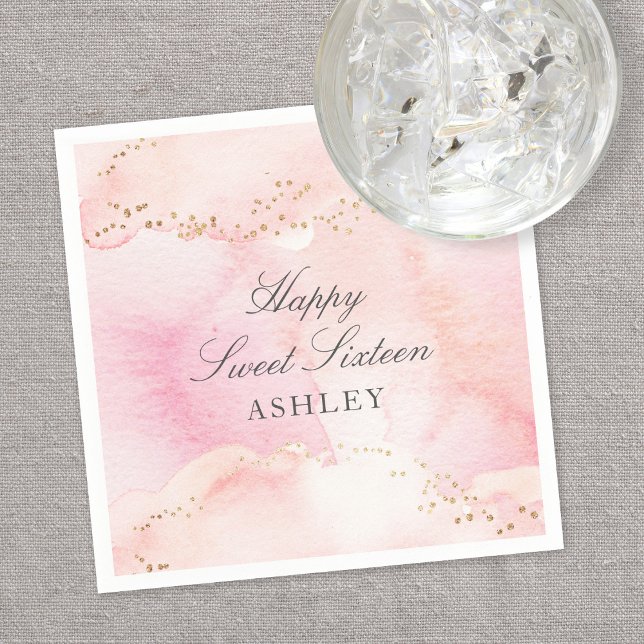 Elegant Pretty Pink Watercolor Gold Glitter Party Napkin (Creator Uploaded)