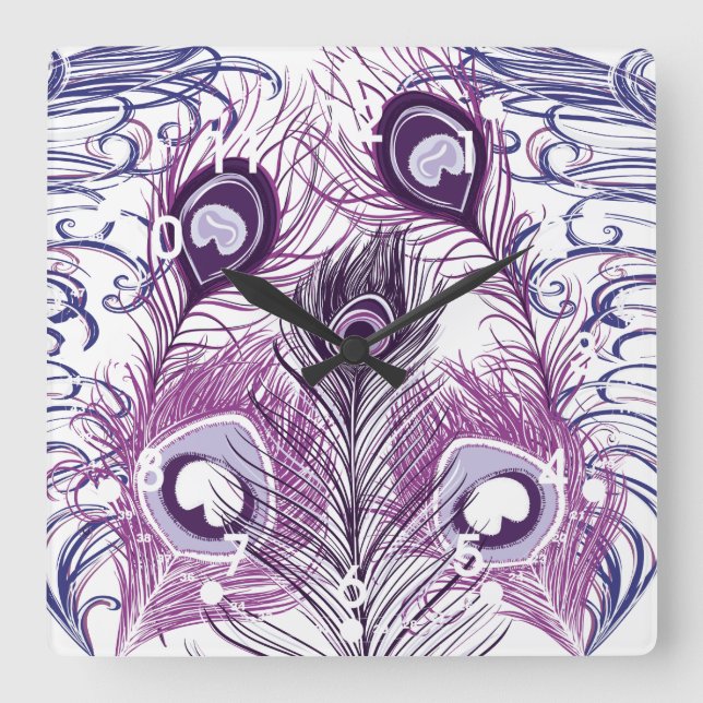 Elegant Pretty Purple Peacock Feathers Design Square Wall Clock (Front)