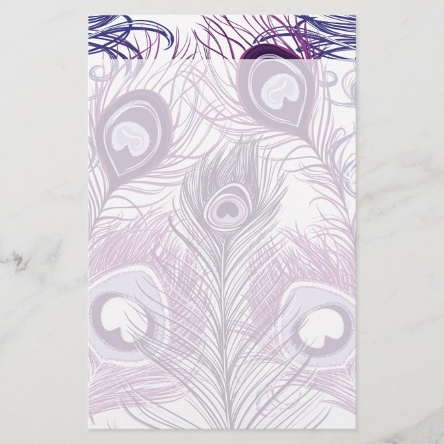 Elegant Pretty Purple Peacock Feathers Design Stationery (Front)
