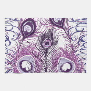 Elegant Pretty Purple Peacock Feathers Design Tea Towel