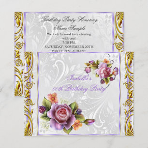 Elegant Pretty Purple Pink Rose White Birthday Invitation