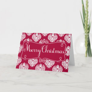 Elegant Pretty Red Damask Merry Christmas Card 2