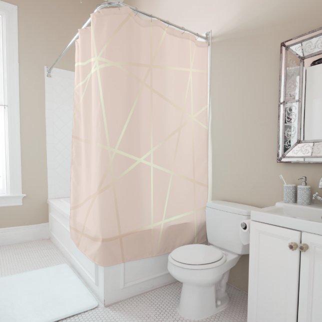 Elegant pretty rose gold & blush pink geometric shower curtain (In Situ)