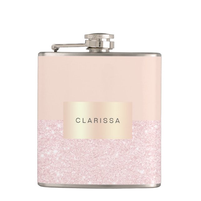 Elegant pretty rose gold glitter & blush pink hip flask (Front)