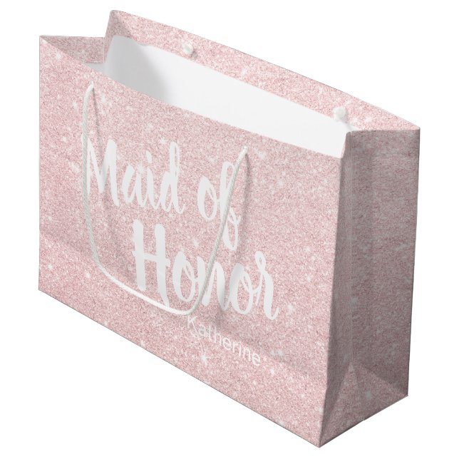 Elegant pretty rose gold glitter maid of honour large gift bag (Front Angled)