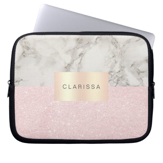 Elegant pretty rose gold glitter & white marble laptop sleeve (Front)