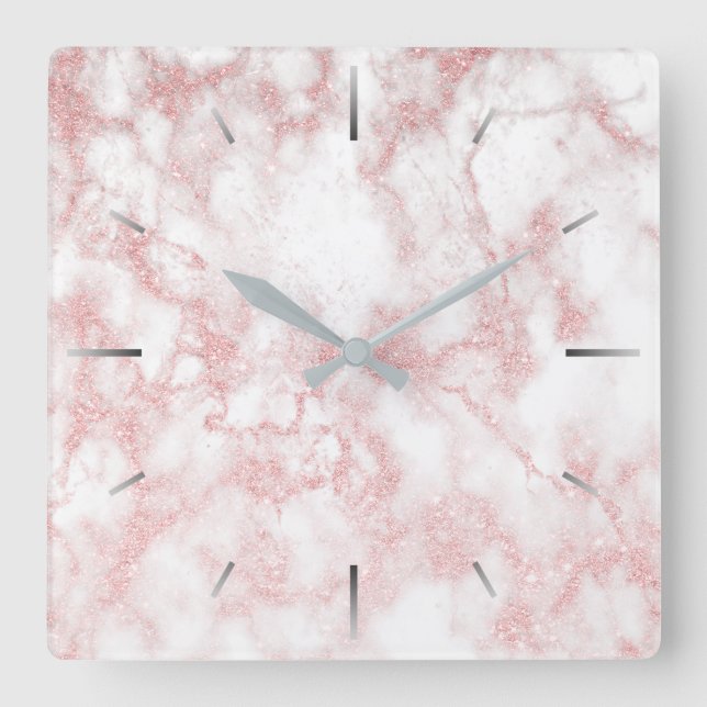 Elegant pretty rose gold glitter white marble square wall clock (Front)