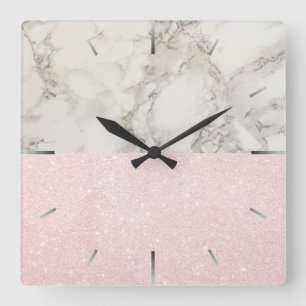 Elegant pretty rose gold glitter & white marble square wall clock