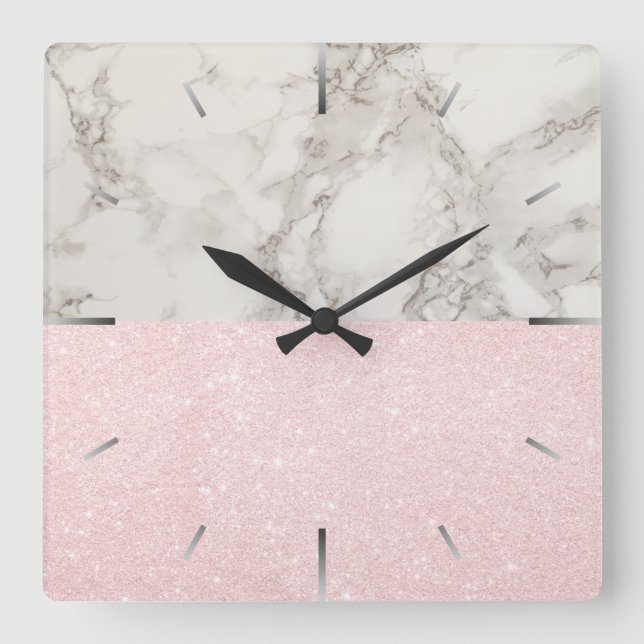 Elegant pretty rose gold glitter & white marble square wall clock (Front)