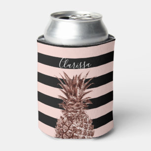 Elegant pretty rose gold pineapple & pink stripe can cooler