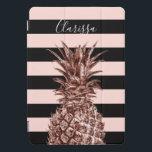 Elegant pretty rose gold pineapple & pink stripe iPad pro cover<br><div class="desc">Modern and cute faux rose gold pineapple,  blush pink and black stripe background.</div>