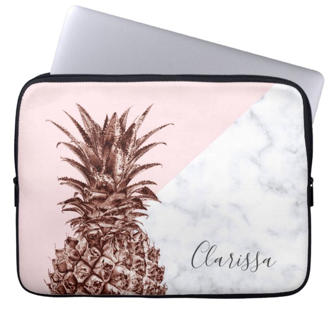 Elegant pretty rose gold pineapple white marble laptop sleeve (Front)