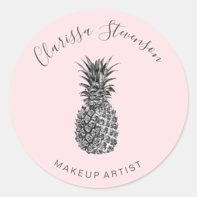Elegant pretty silver pineapple pink makeup classic round sticker (Front)