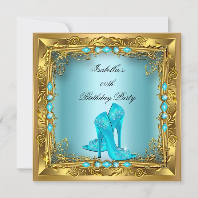 Elegant Pretty Teal High Heels Gold Birthday Party Invitation (Front)