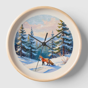 Elegant Pretty Watercolor Red Fox in Winter Snow Clock
