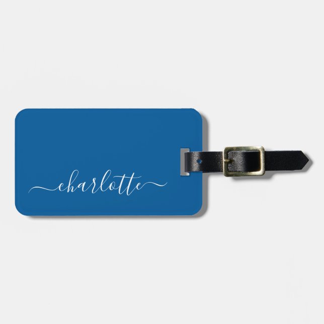 Elegant Primary Blue Script Name Personalised Luggage Tag (Front Horizontal)