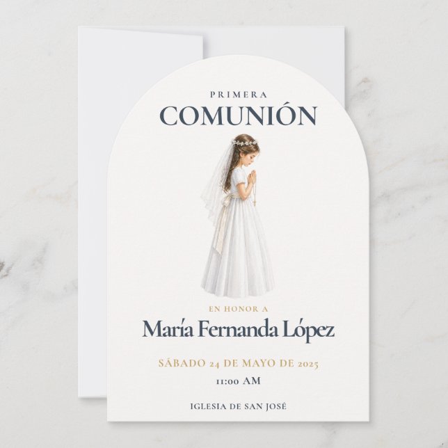 Elegant Primera Comunión Niña Rezando Invitation (Front)