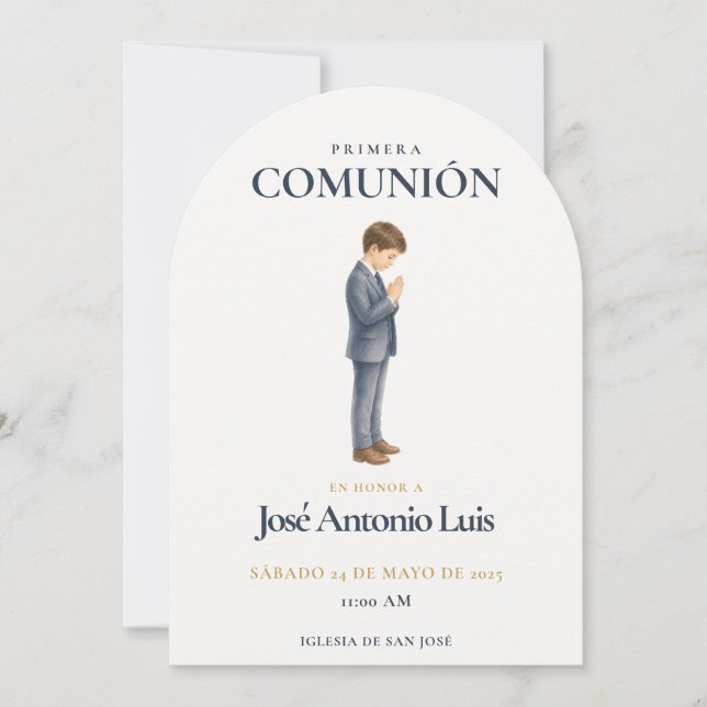 Elegant Primera Comunión Niño Rezando Invitation (Front)