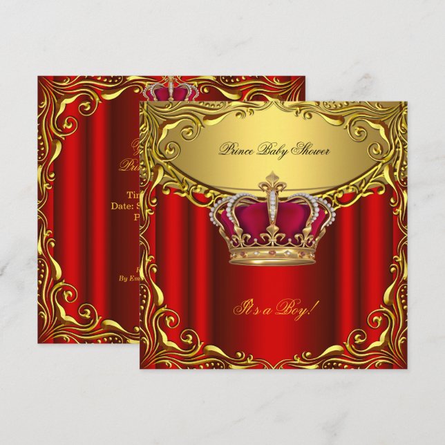 Elegant Prince Baby Shower Regal Red Gold Boy Invitation (Front/Back)