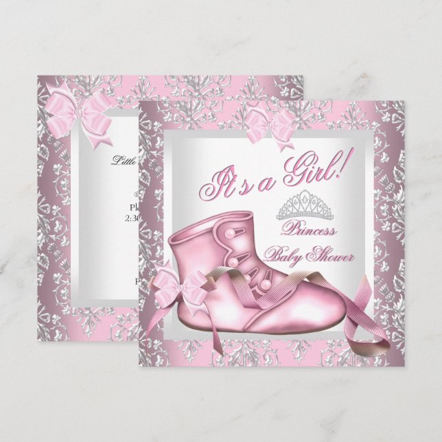 Elegant Princess Baby Shower Girl Pink Damask 4E Invitation (Front/Back)