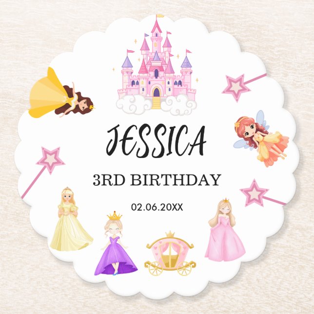 Elegant Princess Birthday Celebration Paper Coaster (Front)