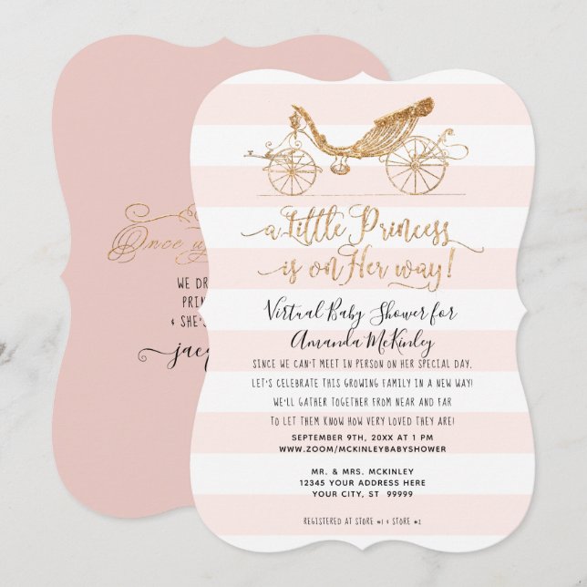 Elegant Princess Carriage Gold Virtual Baby Shower Invitation (Front/Back)