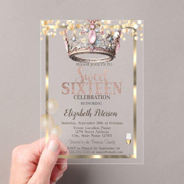 Elegant Princess Crown Balloons Frame Sweet 16  Acrylic Invitations (Insitu (Handheld))