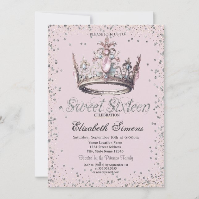 Elegant Princess Crown Diamonds Confetti Sweet 16 Invitation (Front)