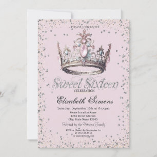 Elegant Princess Crown Diamonds Confetti Sweet 16 Invitation