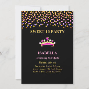 Elegant Princess Crown Sweet 16 on Black Invitation