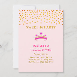 Elegant Princess Crown Sweet 16 on Pink Invitation