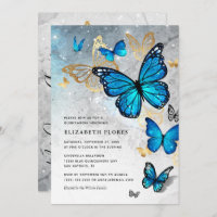 Elegant Princess Gold Blue Butterfly Quinceanera
