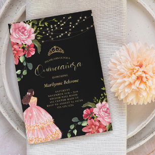 Elegant Princess Pink Floral Quinceañera Invitation