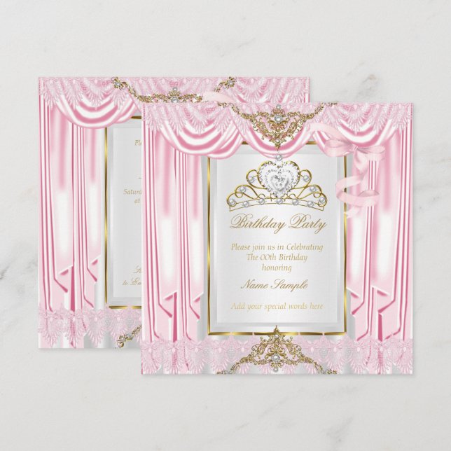Elegant Princess Pink Gold White Birthday Party Invitation (Front/Back)