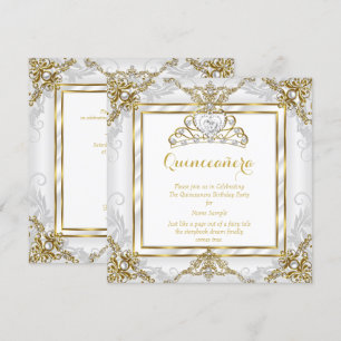 Elegant Princess Quinceanera Gold White Pearl Invitation
