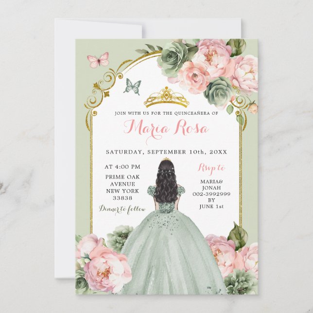 Elegant Princess Sage Green Dusty Rose Quinceañera Invitation (Front)