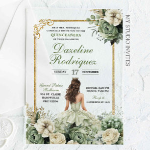 Elegant Princess Sage Green Floral Quinceañera Acrylic Invitations