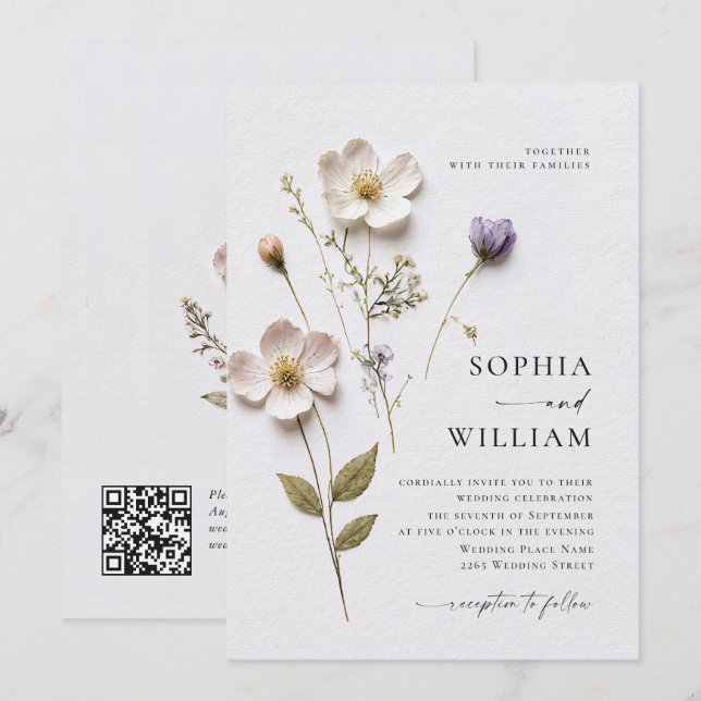 Elegant Print Pressed Pastel Boho Flowers Wedding Invitation (Front/Back)