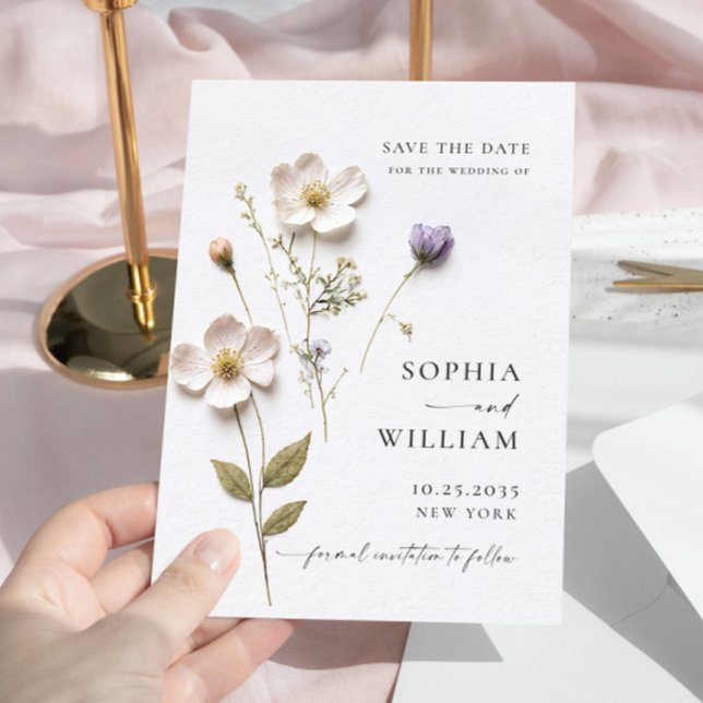 Elegant Print Pressed Pastel Boho Flowers Wedding Save The Date (Creator Uploaded)